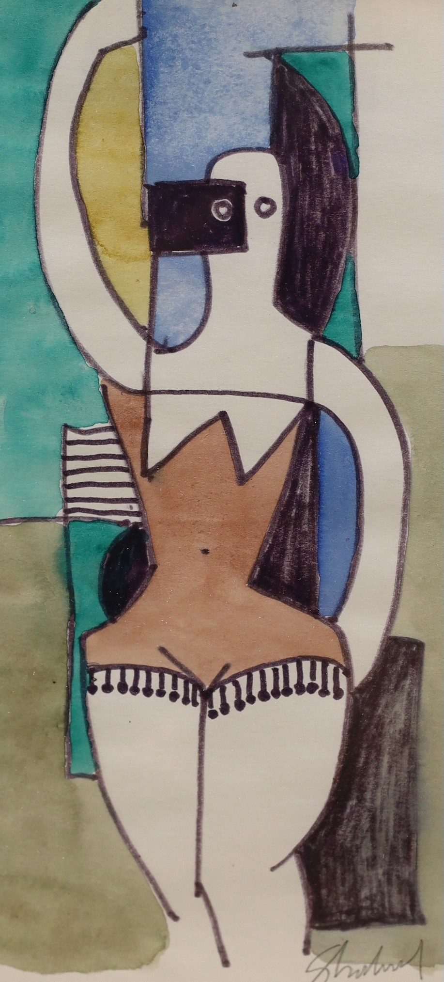 Sidney Horne Shepherd (1909-1993), ink and watercolour, abstract Woman in a bathing suit, signed, 22 x 11cm